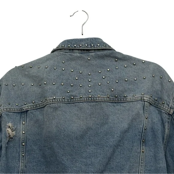 Free People Oversized Distressed Studded Denim Jean Jacket READ Size Small - Picture 6 of 14